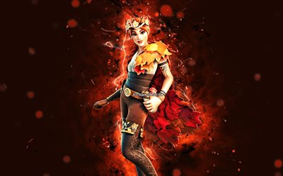 The Autumn Queen, 4k, orange neon lights, 2020 games, Fortnite Battle Royale, Fortnite characters, The Autumn Queen Skin, Fortnite, The Autumn Queen Fortnite