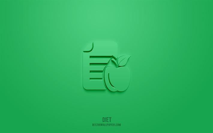 Diet 3d icon, green background, 3d symbols, Diet, creative 3d art, 3d icons, Diet sign, Slimming 3d icons