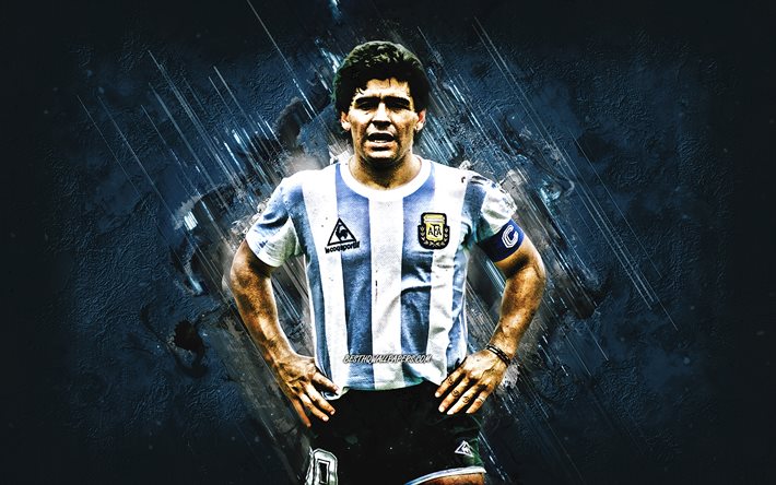 diego maradona, argentinische fu&#223;ballnationalmannschaft, argentinischer fu&#223;ballspieler, blauer steinhintergrund, argentinien, fu&#223;ball