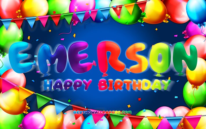 Feliz Cumplea&#241;os Emerson, 4k, colorido globo marco, Emerson nombre, fondo azul, Emerson Feliz Cumplea&#241;os, Emerson Cumplea&#241;os, popular americana de los nombres masculinos, Cumplea&#241;os concepto, Emerson