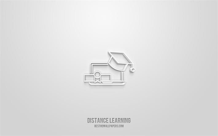 distance learning 3d symbol, wei&#223;er hintergrund, 3d-symbole, distance-learning, creative 3d-kunst, 3d-icons, schule, zeichen -, bildungs-3d-icons