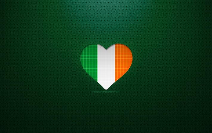 Amo l&#39;Irlanda, 4K, Europa, sfondo verde punteggiato, cuore della bandiera irlandese, Irlanda, paesi preferiti, bandiera irlandese