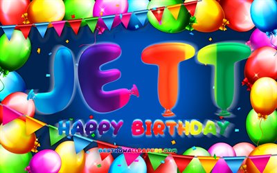 Buon compleanno Jett, 4k, cornice palloncino colorato, nome Jett, sfondo blu, buon compleanno Jett, compleanno Jett, nomi maschili americani popolari, concetto di compleanno, Jett