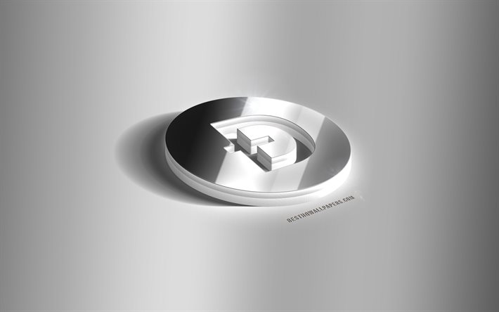 Dogecoin 3D logo argento, Dogecoin, criptovaluta, sfondo grigio, logo Dogecoin, emblema Dogecoin 3D, logo Dogecoin 3D in metallo