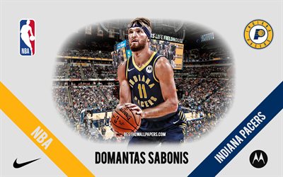 Domantas Sabonis, Indiana Pacers, Lithuanian Basketball Player, NBA, portrait, USA, basketball, Bankers Life Fieldhouse, Indiana Pacers logo