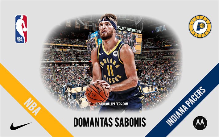 Domantas Sabonis, Indiana Pacers, jogador de basquete lituano, NBA, retrato, EUA, basquete, Bankers Life Fieldhouse, logotipo do Indiana Pacers