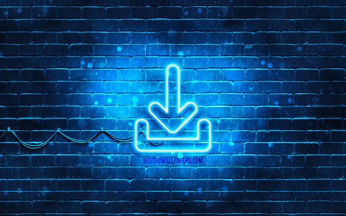 download neon symbol, 4k, blauer hintergrund, neon symbole, download, kreativ, download zeichen, computer zeichen, download symbol, computer symbole