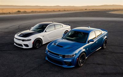 2020, Dodge Charger SRT, Hellcat Widebody, front view, exterior, blue sedan, white sedan, tuning Charger, american cars, Dodge