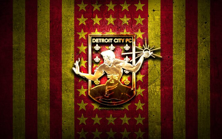 デトロイトシティFCの旗, NISA, 赤黄色の金属の背景, アメリカのサッカークラブ, デトロイトシティFCのロゴ, 米国, サッカー, デトロイトシティFC, 黄金のロゴ