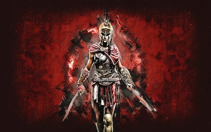 Kassandra, Eagle Bearer, Assassins Creed, fond de pierre rouge, art cr&#233;atif, personnages Assassins Creed