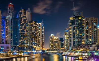 Dubai, Emirados Árabes Unidos, noite, arranha-céus, baía, iates, edifícios modernos