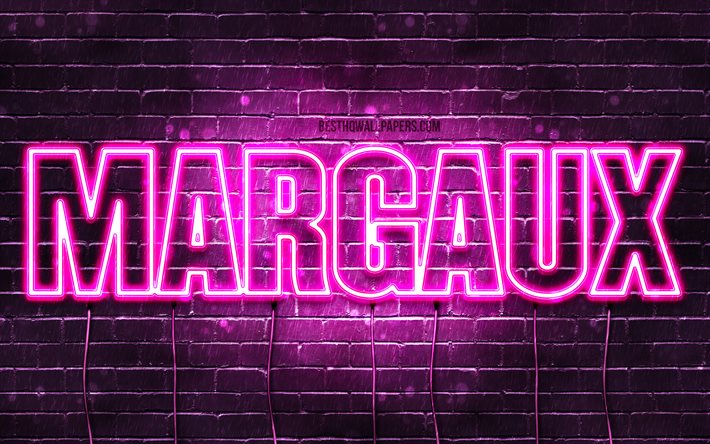 Margaux, 4k, sfondi con nomi, nomi femminili, nome Margaux, luci al neon viola, buon compleanno Margaux, popolari nomi femminili francesi, foto con nome Margaux