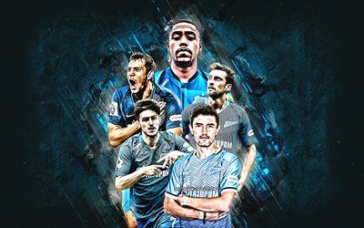 FC Zenit, Saint Petersburg, Russian football club, blue stone background, football, Malcom, Artem Dzyuba