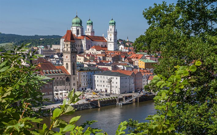 La Catedral de San Esteban, Passau, Stephansdom, verano, Landmark, paisaje urbano de Passau, Alemania