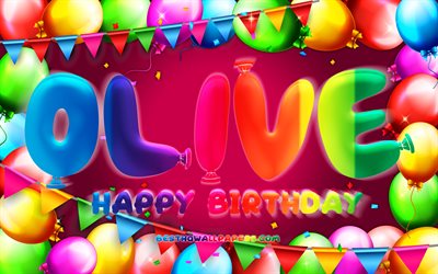 お誕生日おめでオリーブ, 4k, カラフルバルーンフレーム, オリーブ名称, 紫色の背景, オリーブのお誕生日おめで, オリーブの誕生日, 人気のアメリカ女性の名前, 誕生日プ, オリーブ