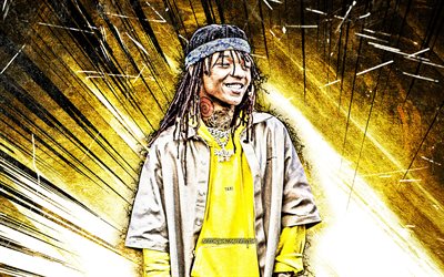 4k, Swae Lee, grunge art, american rapper, music stars, Khalif Malik Ibn Shaman Brown, yellow abstract rays, american celebrity, Swae Lee 4K
