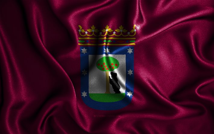 Madrid flagga, 4k, silke v&#229;giga flaggor, spanska st&#228;der, Madrids dag, Madrids flagga, tygflaggor, 3D-konst, Madrid, st&#228;der i Spanien, Madrid 3D-flagga