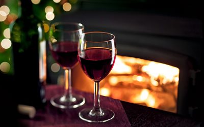 vino rosso, sera, bicchieri con vino rosso, bicchieri in tavola, concetti di vino, bokeh, vino