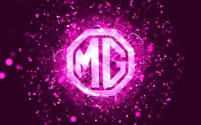 Logotipo roxo MG, 4k, luzes de neon roxas, fundo criativo, roxo abstrato, logotipo MG, marcas de carros, MG