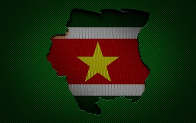 スリナム地図, 4k, 南アメリカの国々, スリナムの旗, グリーンカーボンの背景, スリナム地図シルエット, スリナムの国旗, 南米, スリナムの地図, スリナム
