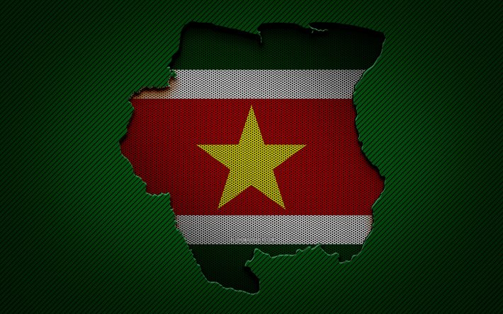 Mappa del Suriname, 4k, paesi del Sud America, bandiera del Suriname, sfondo verde carbonio, sagoma della mappa del Suriname, Sud America, mappa del Suriname, Suriname