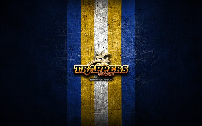 Tilburg Trappers, golden logo, BeNe League, blue metal background, dutch hockey team, Tilburg Trappers logo, hockey