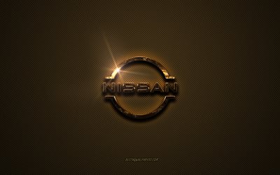 Logo Nissan dorato, grafica, sfondo marrone in metallo, emblema Nissan, logo Nissan, marchi, Nissan