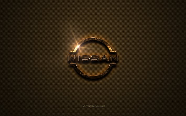 Nissan golden logo, artwork, brown metal background, Nissan emblem, Nissan logo, brands, Nissan