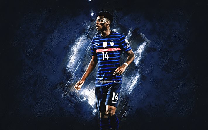 Aurelien Tchouameni, squadra nazionale di calcio francese, calciatore francese, centrocampista, ritratto, sfondo di pietra blu, Francia, calcio