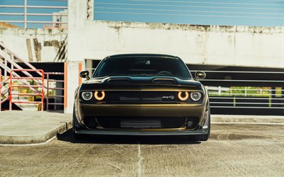 Dodge Challenger SRT Hellcat, front view, brown Dodge Challenger, tuning Dodge Challenger, supercar, headlights, American sports cars, Dodge