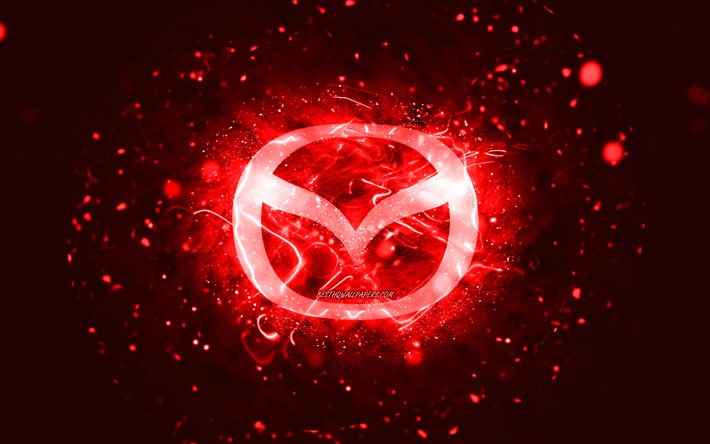 Logo rouge Mazda, 4k, n&#233;ons rouges, cr&#233;atif, fond abstrait rouge, logo Mazda, marques de voitures, Mazda