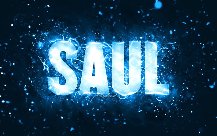 Feliz anivers&#225;rio Saul, 4k, luzes de n&#233;on azuis, nome de Saul, criativo, Feliz anivers&#225;rio de Saul, Anivers&#225;rio de Saul, nomes masculinos americanos populares, foto com o nome de Saul, Saul