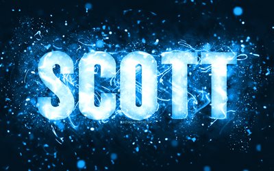 Happy Birthday Scott, 4k, blue neon lights, Scott name, creative, Scott Happy Birthday, Scott Birthday, popular american male names, picture with Scott name, Scott