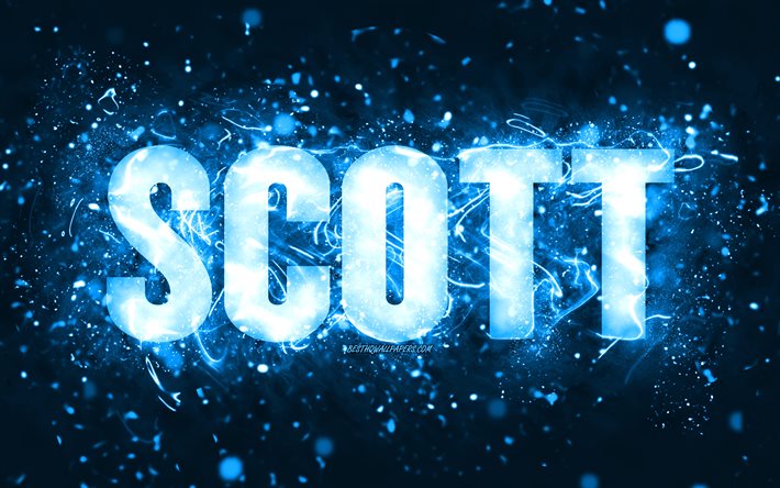 Feliz anivers&#225;rio Scott, 4k, luzes de n&#233;on azuis, nome de Scott, criativo, Scott Feliz anivers&#225;rio, Scott Birthday, nomes masculinos americanos populares, foto com o nome de Scott, Scott