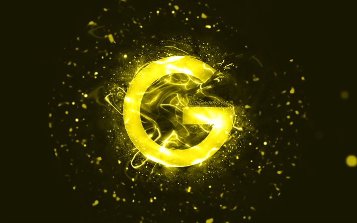Googles gula logotyp, 4k, gula neonljus, kreativ, gul abstrakt bakgrund, Googles logotyp, varum&#228;rken, Google