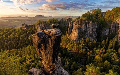 Bastei, sommar, tyska landmärken, solnedgång, vacker natur, klippformation, Sachsiska Schweiz, Tyskland, Europa