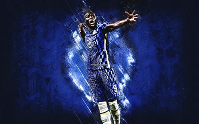 Romelu Lukaku, Chelsea FC, Belgian footballer, blue stone background, grunge art, football, Premier League, Lukaku Chelsea