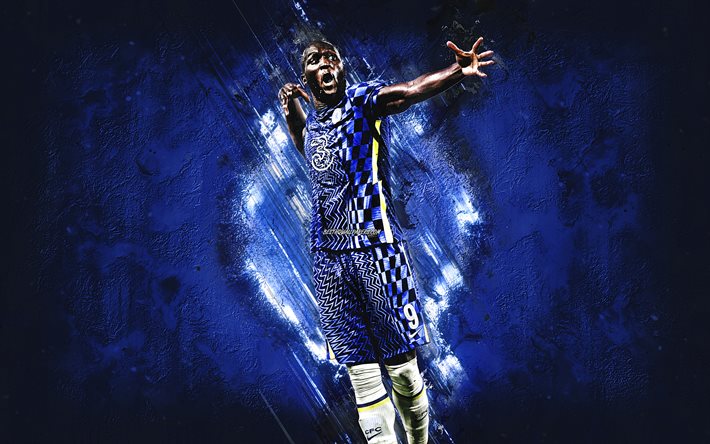 Romelu Lukaku, Chelsea FC, footballeur belge, fond de pierre bleue, art grunge, football, Premier League, Lukaku Chelsea