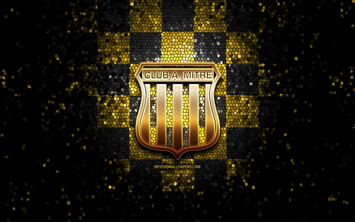 CA Mitre, glitter logo, Primera Nacional, yellow black checkered background, soccer, argentinian football club, CA Mitre logo, mosaic art, football, Mitre FC