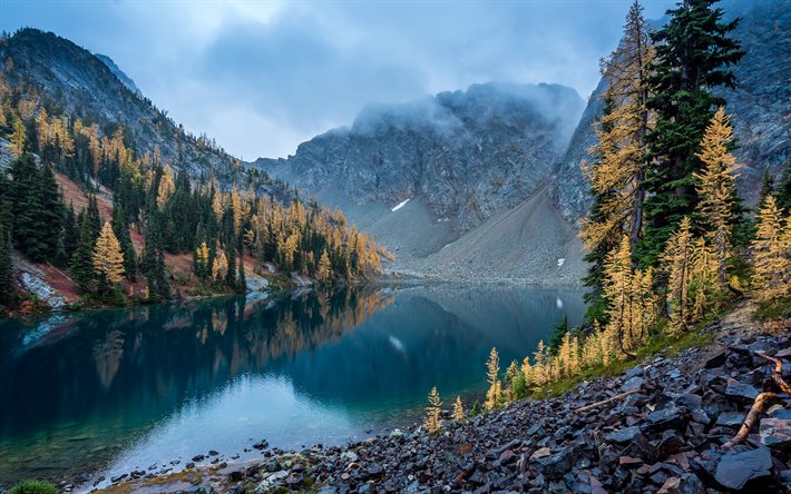 lago de montanha, nevoeiro, manh&#227;, montanhas, lindo lago, Parque Nacional North Cascades, Washington, EUA