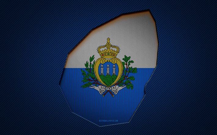 Carte de Saint-Marin, 4k, pays europ&#233;ens, drapeau de Saint-Marin, fond bleu carbone, silhouette de carte de Saint-Marin, Europe, carte de Saint-Marin, Saint-Marin