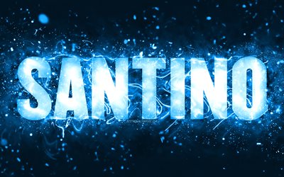 Buon Compleanno Santino, 4k, luci al neon blu, nome Santino, creativo, Santino Buon Compleanno, Compleanno Santino, nomi maschili americani popolari, foto con nome Santino, Santino