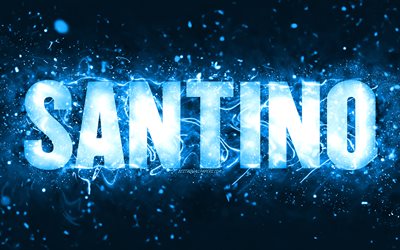 Happy Birthday Santino, 4k, blue neon lights, Santino name, creative, Santino Happy Birthday, Santino Birthday, popular american male names, picture with Santino name, Santino