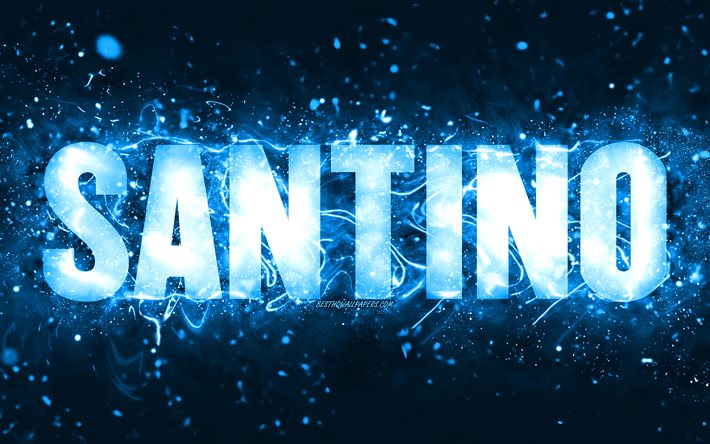 Feliz Anivers&#225;rio Santino, 4k, luzes de n&#233;on azuis, nome Santino, criativo, Santino Feliz Anivers&#225;rio, Santino Birthday, nomes masculinos americanos populares, foto com o nome Santino, Santino