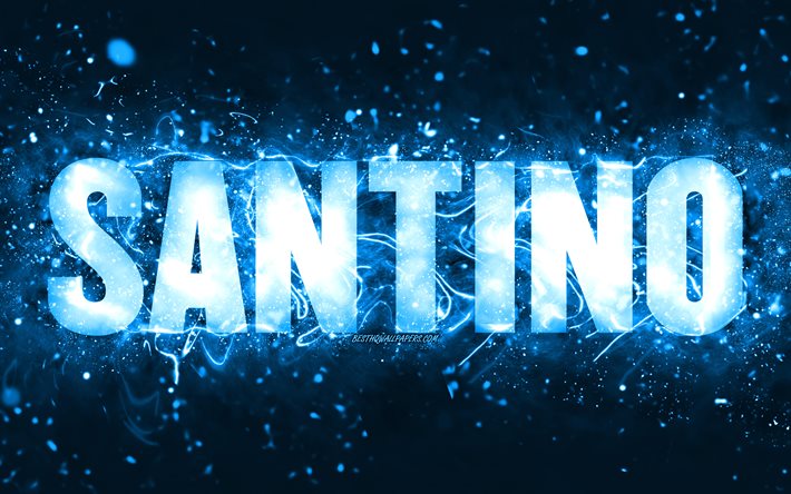 happy birthday santino, 4k, blaue neonlichter, santino-name, kreativ, santino happy birthday, santino birthday, beliebte amerikanische m&#228;nnliche namen, bild mit santino-namen, santino