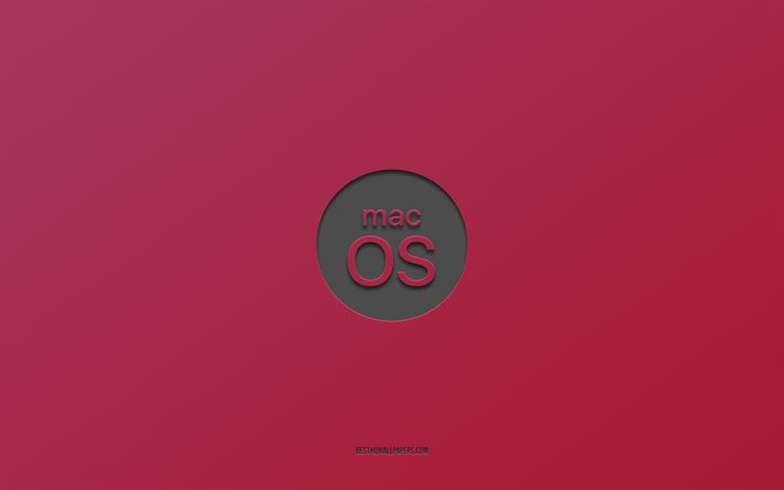 MacOS burgundy logo, 4k, minimalist, burgundy background, mac, OS, macOS logo, macOS emblem