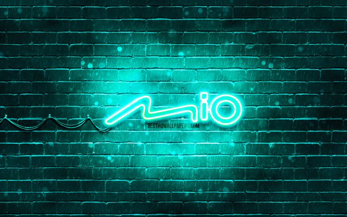 Logotipo Mio turquesa, 4k, parede de tijolos turquesa, logotipo Mio, marcas, logotipo Mio neon, Mio