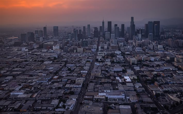 Los Angeles, California, sera, tramonto, Los Angeles Downtown, grattacieli, panorama di Los Angeles, paesaggio urbano di Los Angeles, USA