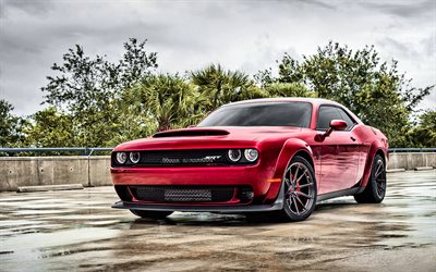 Dodge Challenger Demon, red coupe, Challenger Demon tuning, exterior, front view, American sports cars, Dodge