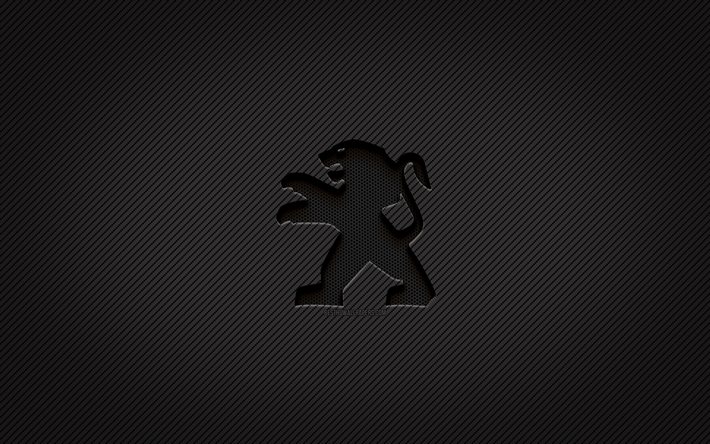 Logo Peugeot in carbonio, 4k, arte grunge, sfondo in carbonio, creativo, logo Peugeot nero, marchi di automobili, logo Peugeot, Peugeot
